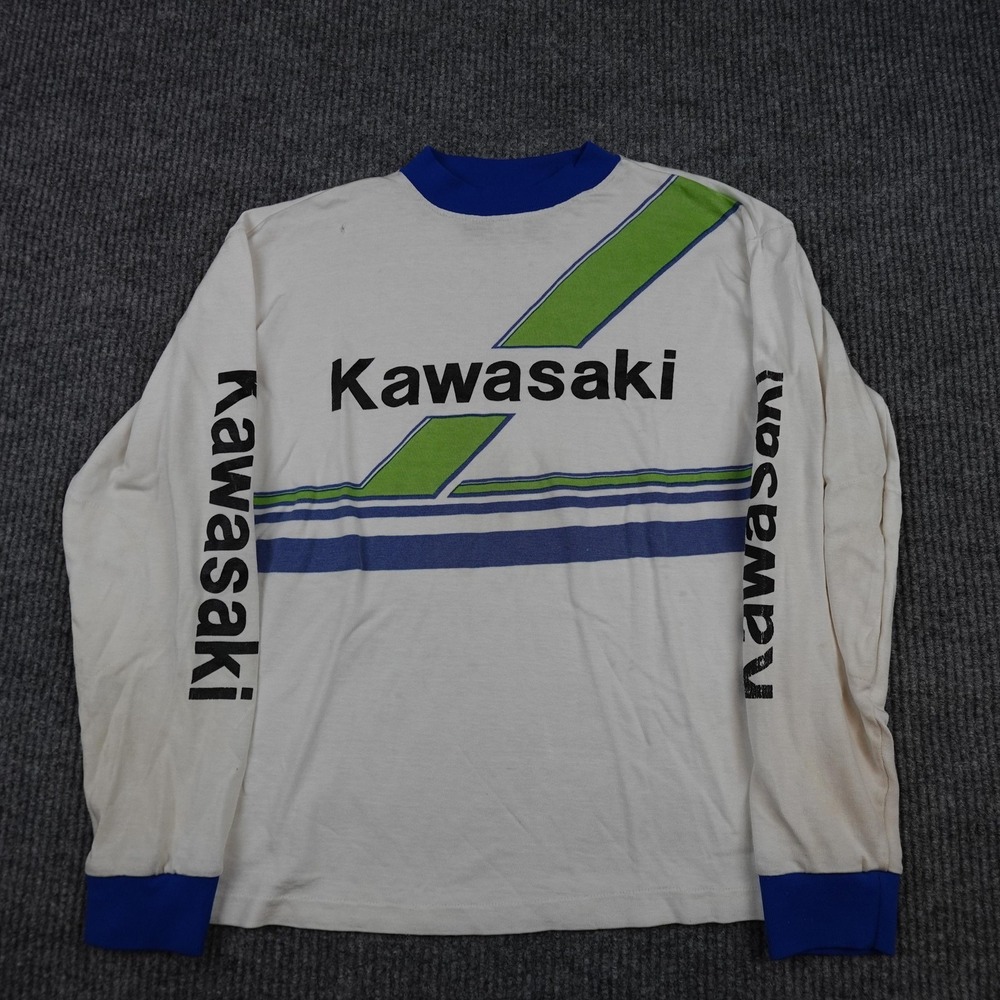 Vintage Swingster Kawasaki Shirt Mens Large White Long Sleeve Ringer Motorcycle